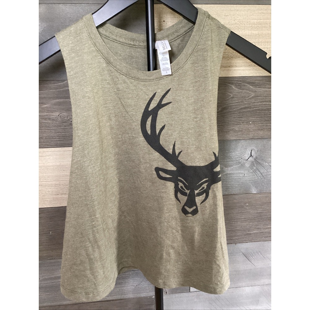 Bucked Up Womens Cropped Muscle Tank Top Size Small S Green Deer Logo Preowned